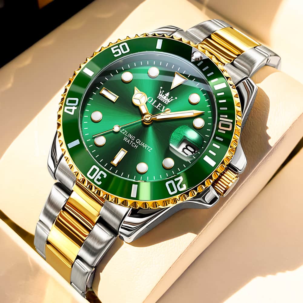 OLEVS 5885 Classic Luxury Dive Style Watch for Men - Two-Tone Green Watch | Olevs Watch Store