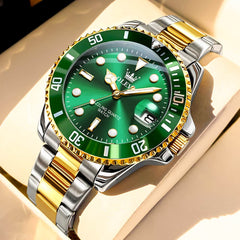 OLEVS 5885 Classic Luxury Dive Style Watch for Men - Two-Tone Green Watch | Olevs Watch Store