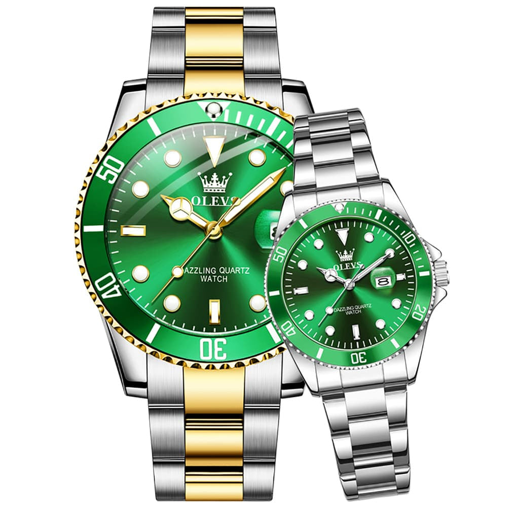 OLEVS 5885 Iconic Dive Style Couple Watch Set - Mixed Emerald Gold Green Watch | Olevs Watch Store