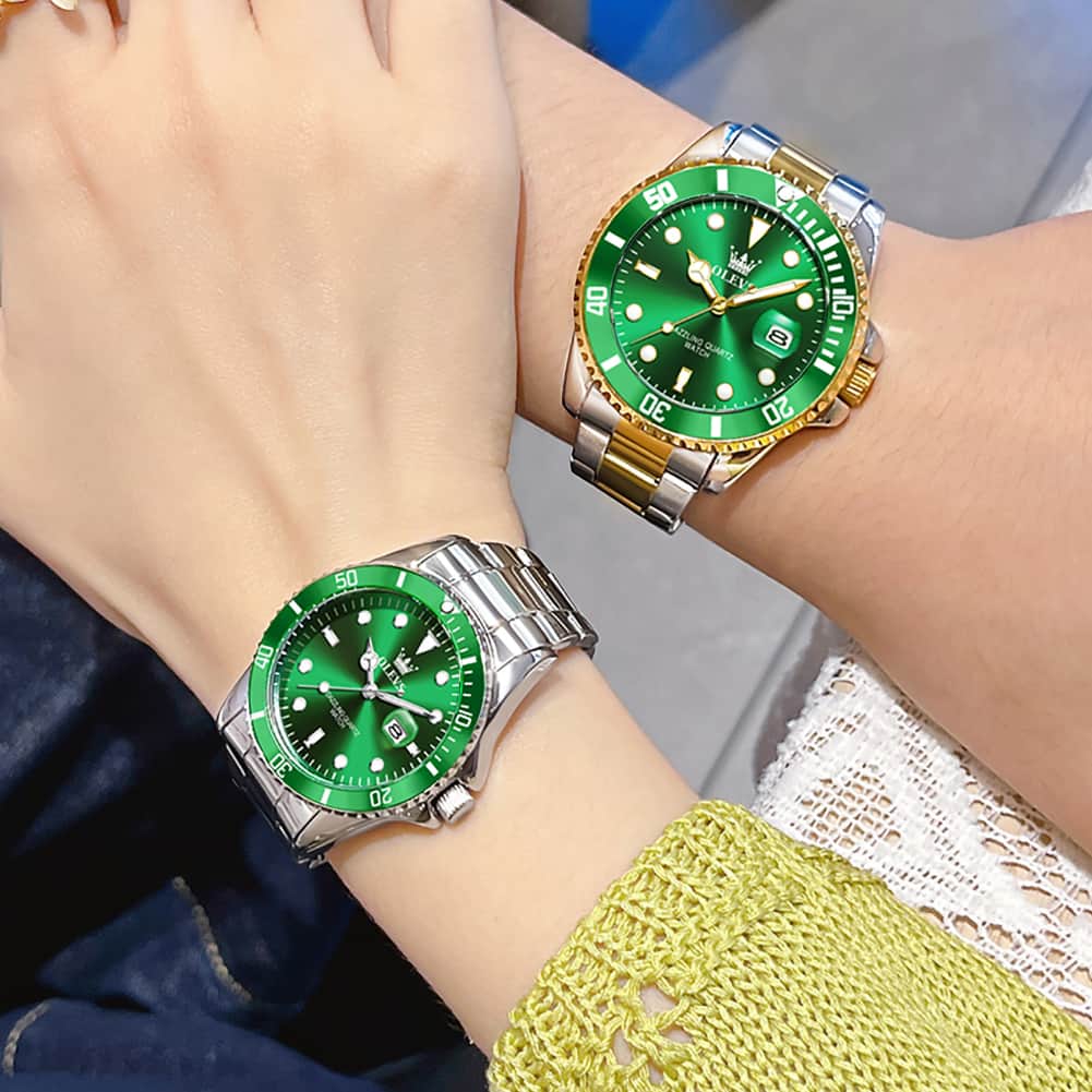 OLEVS 5885 Iconic Dive Style Couple Watch Set - Matching Emerald Silver Green Watch | Olevs Watch Store