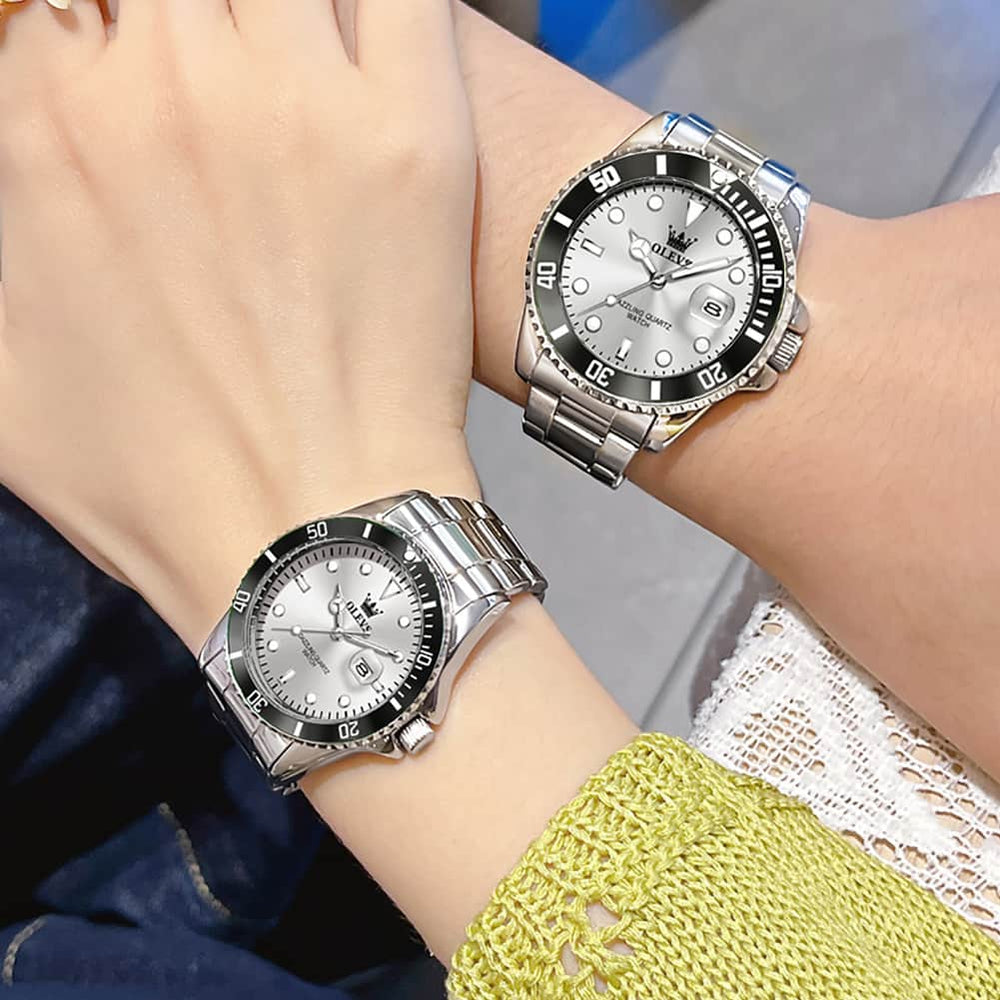 OLEVS 5885 Iconic Dive Style Couple Watch Set - Matching Emerald Silver Green Watch | Olevs Watch Store