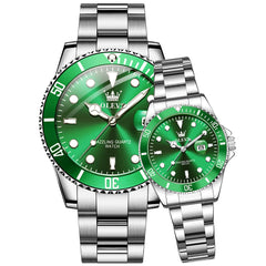 OLEVS 5885 Iconic Dive Style Couple Watch Set - Matching Emerald Silver Green Watch | Olevs Watch Store