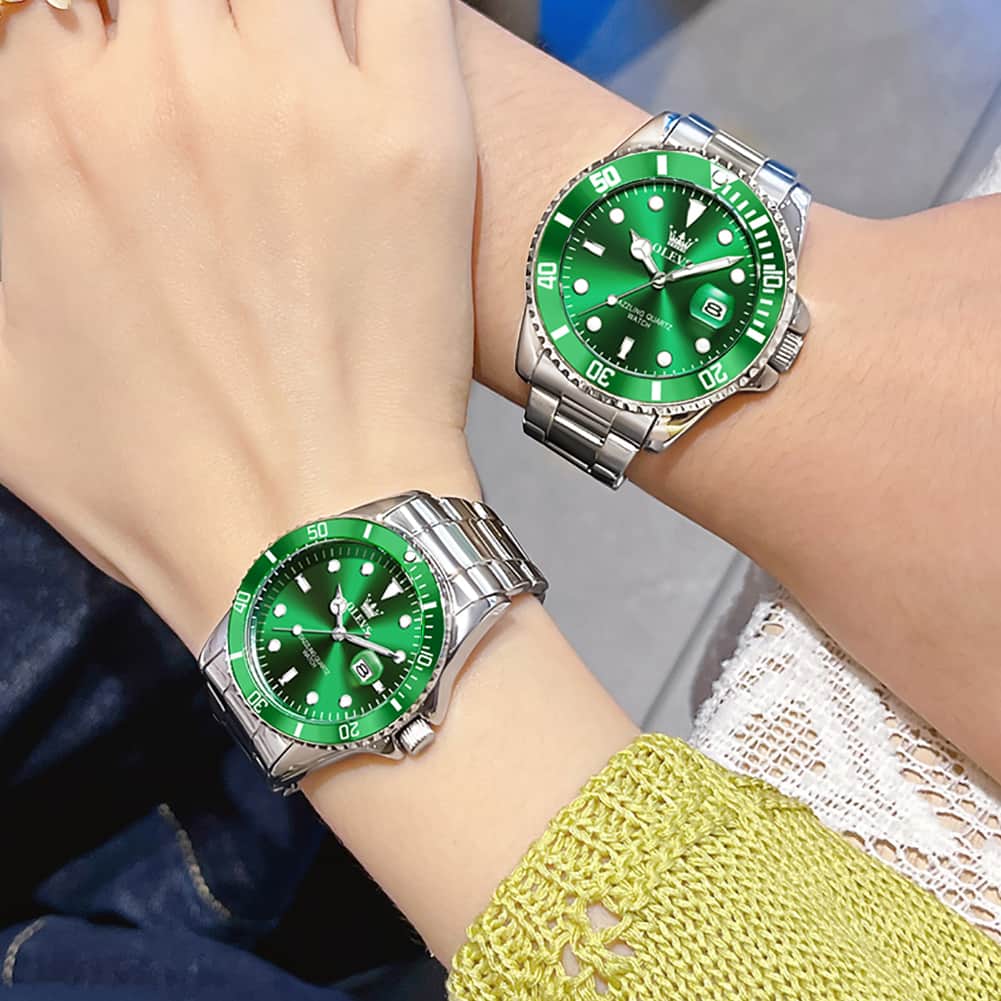 OLEVS 5885 Iconic Dive Style Couple Watch Set - Matching Emerald Silver Green Watch | Olevs Watch Store