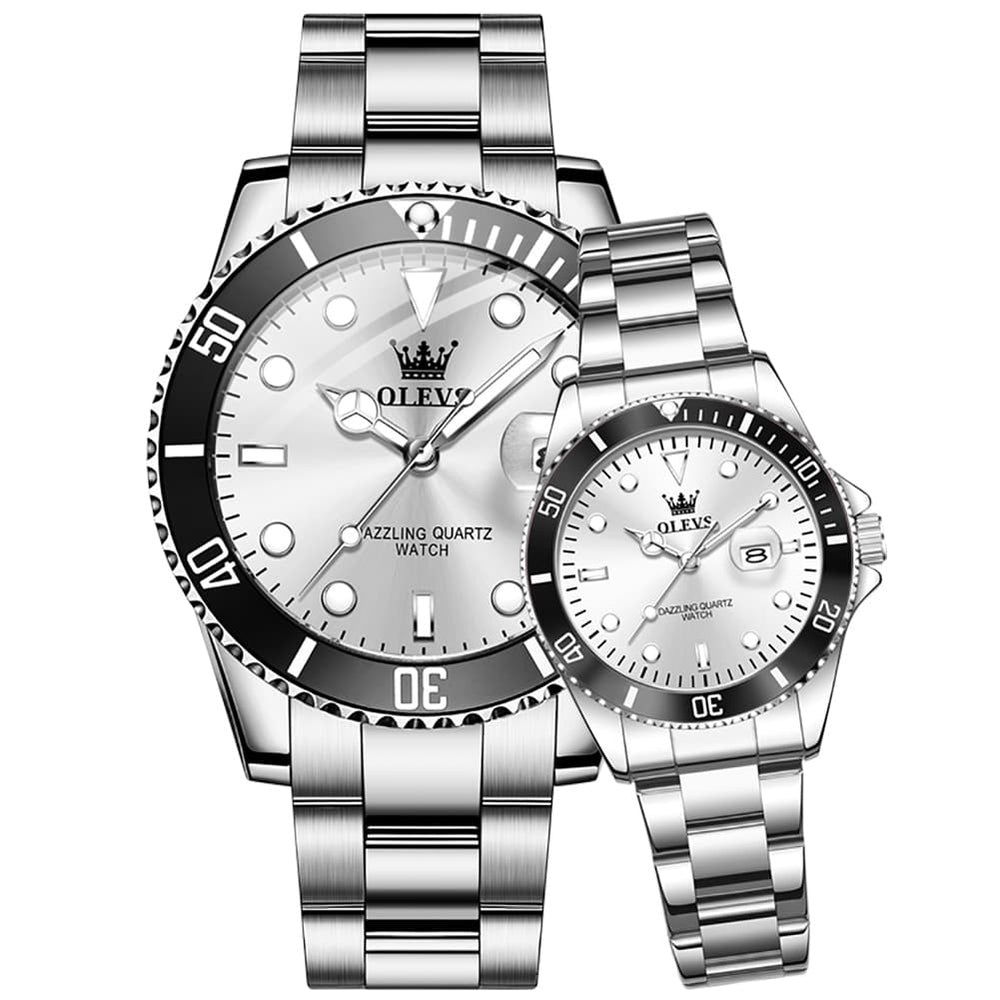OLEVS 5885 Iconic Dive Style Couple Watch Set - Matching Silver White Watch | Olevs Watch Store