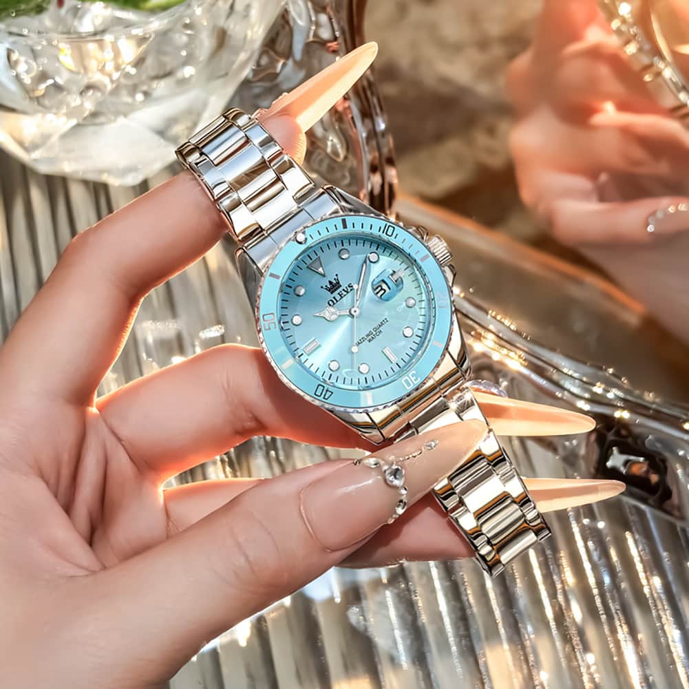OLEVS 5885 Sporty Chic Luxury Dive Style Watch for Women - Mint Blue Watch | Olevs Watch Store