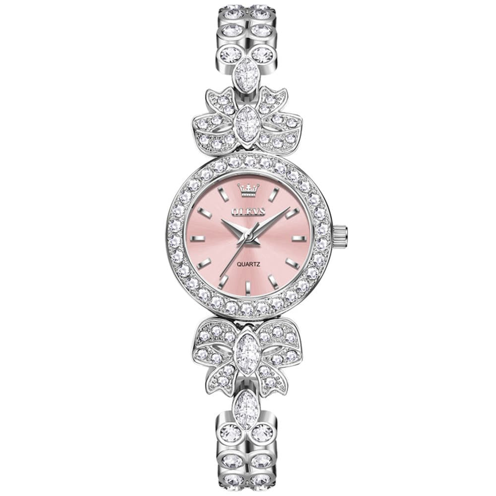 OLEVS 5887 Bow Knot Diamond Bracelet Watch Silver Zirconia Quartz Jewelry Timepiece for Women -Silver Pink Olevs Watch Store