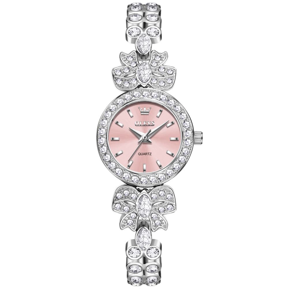 OLEVS 5887 Bow Knot Diamond Bracelet Watch Silver Zirconia Quartz Jewelry Timepiece for Women -Silver Pink Olevs Watch Store