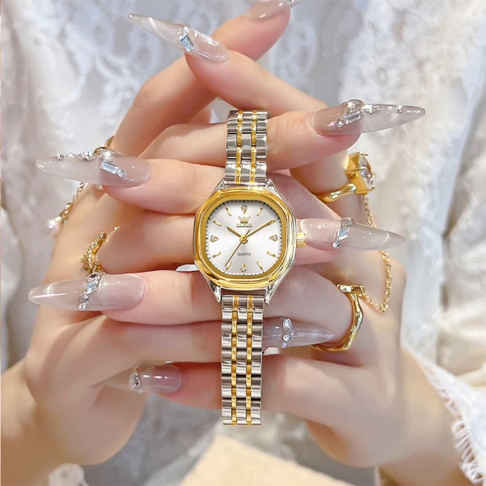 OLEVS 5888 Petite Square Watch Vintage Diamond Accent Stainless Steel Bracelet Quartz Timepiece for Women - Olevs Watch Store