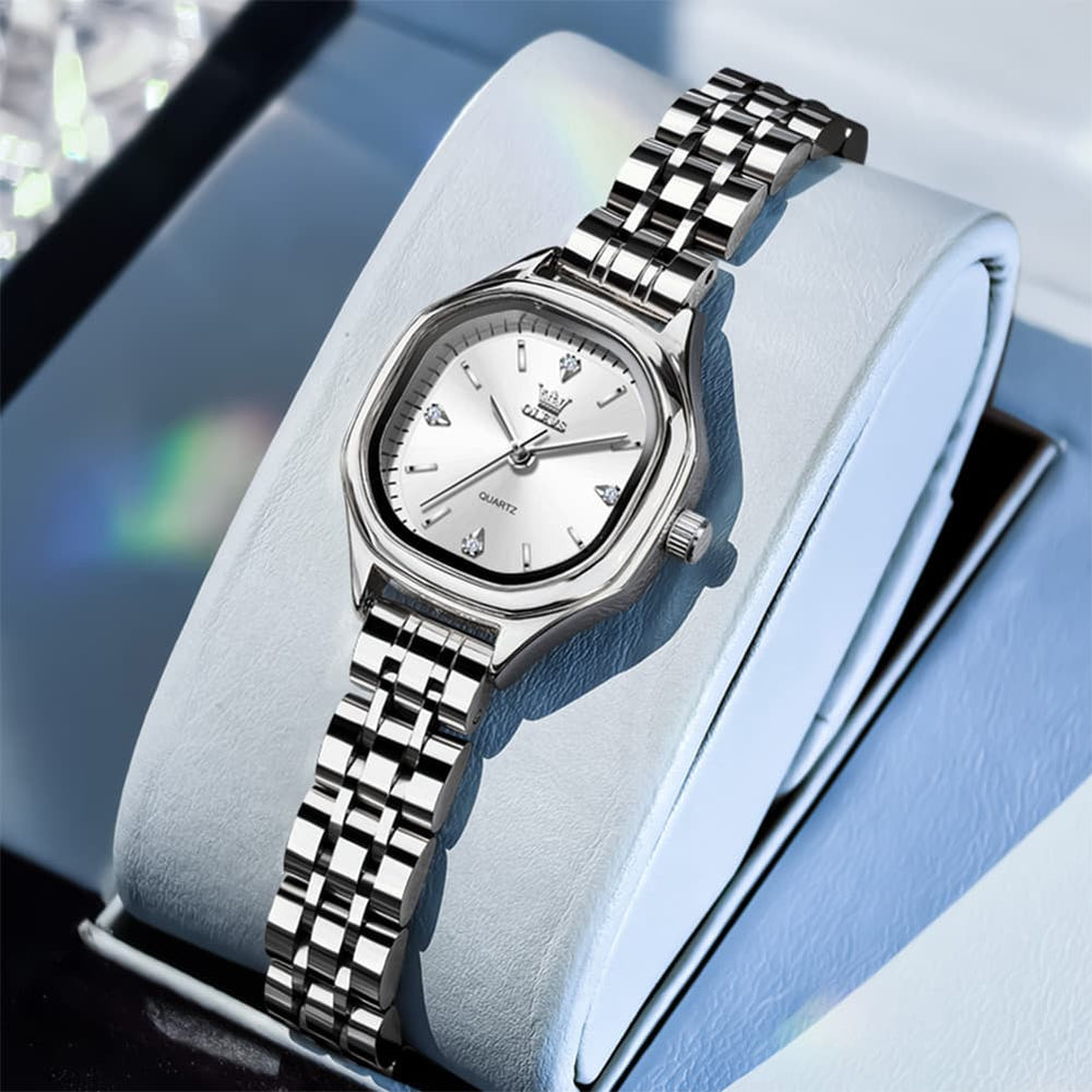 OLEVS 5888 Petite Square Watch Vintage Diamond Accent Stainless Steel Bracelet Quartz Timepiece for Women - Olevs Watch Store