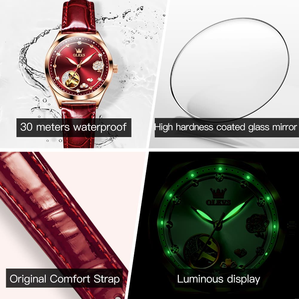 OLEVS 6601 Romantic Open Heart Mechanical Ladies Watch - Burgundy Red Watch | Olevs Watch Store