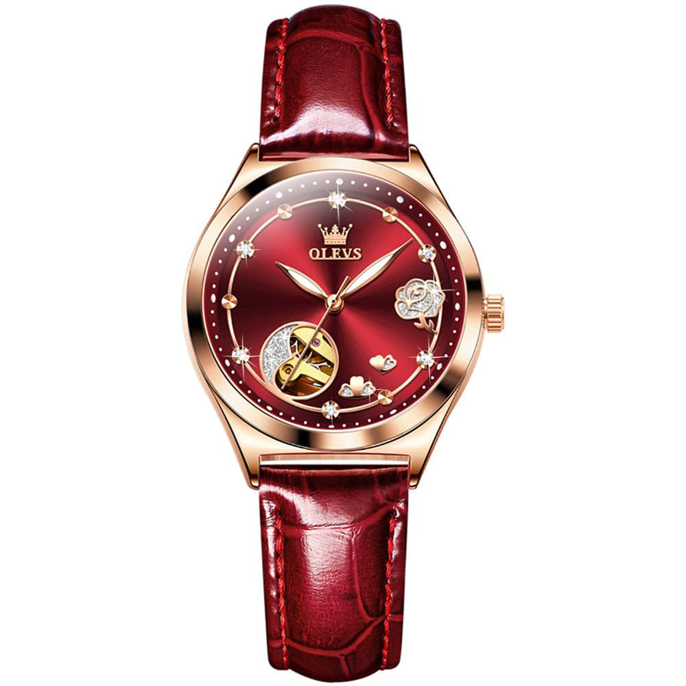 OLEVS 6601 Romantic Open Heart Mechanical Ladies Watch - Burgundy Red Watch | Olevs Watch Store