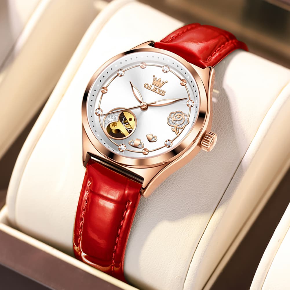 OLEVS 6601 Romantic Open Heart Mechanical Ladies Watch - Burgundy Red Watch | Olevs Watch Store