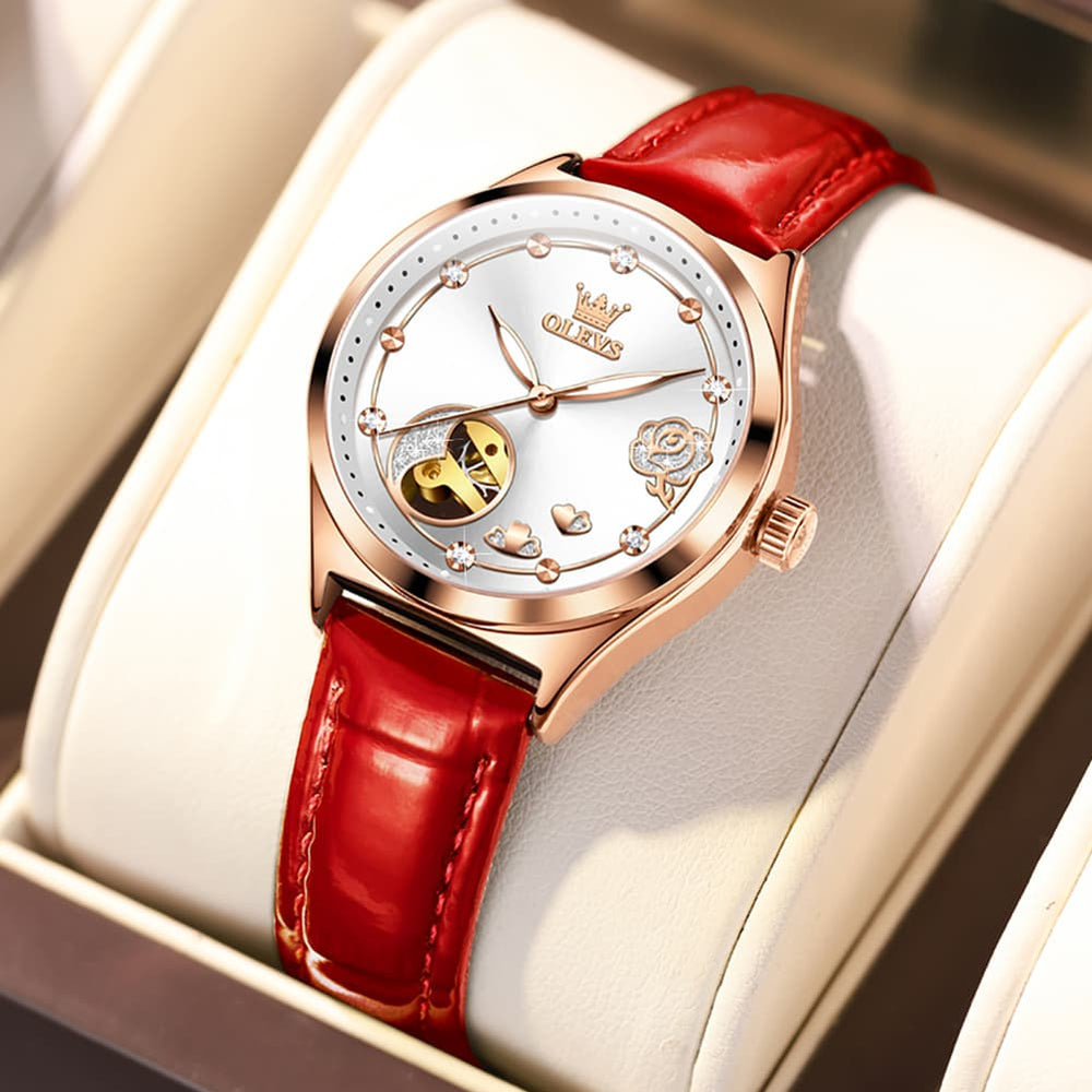 OLEVS 6601 Romantic Open Heart Mechanical Ladies Watch - Burgundy Red Watch | Olevs Watch Store
