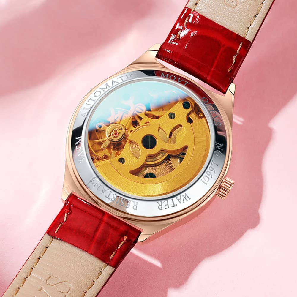 OLEVS 6601 Romantic Open Heart Mechanical Ladies Watch - Burgundy Red Watch | Olevs Watch Store