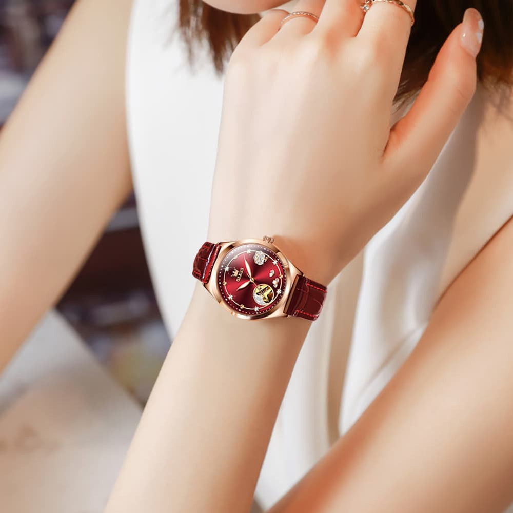 OLEVS 6601 Romantic Open Heart Mechanical Ladies Watch - Burgundy Red Watch | Olevs Watch Store