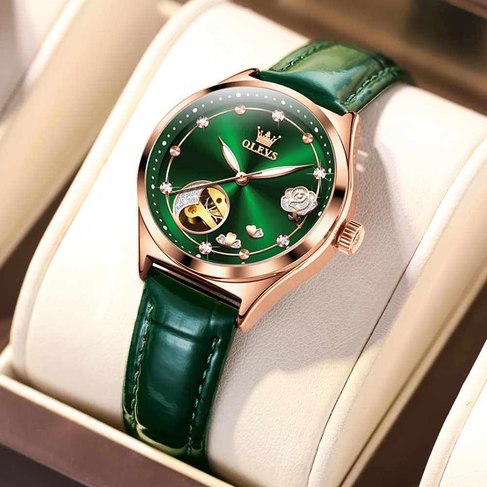 OLEVS 6601 Romantic Open Heart Mechanical Ladies Watch - Burgundy Red Watch | Olevs Watch Store