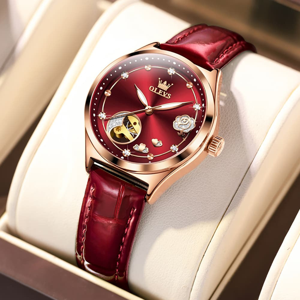 OLEVS 6601 Romantic Open Heart Mechanical Ladies Watch - Burgundy Red Watch | Olevs Watch Store