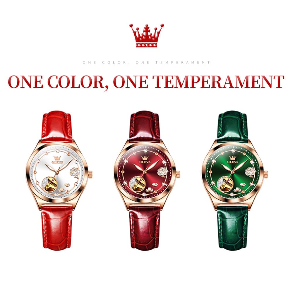 OLEVS 6601 Romantic Open Heart Mechanical Ladies Watch - Burgundy Red Watch | Olevs Watch Store