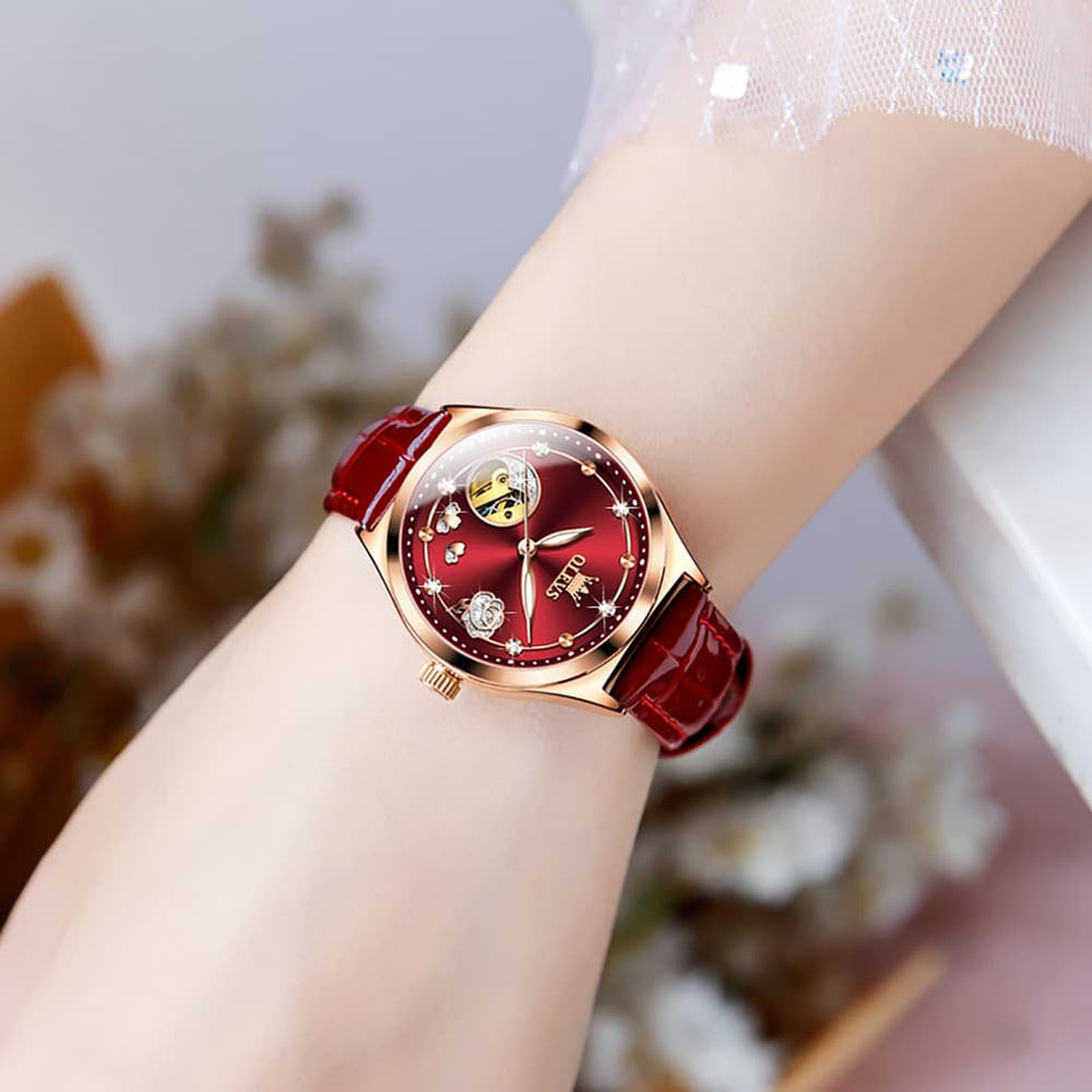 OLEVS 6601 Romantic Open Heart Mechanical Ladies Watch - Burgundy Red Watch | Olevs Watch Store
