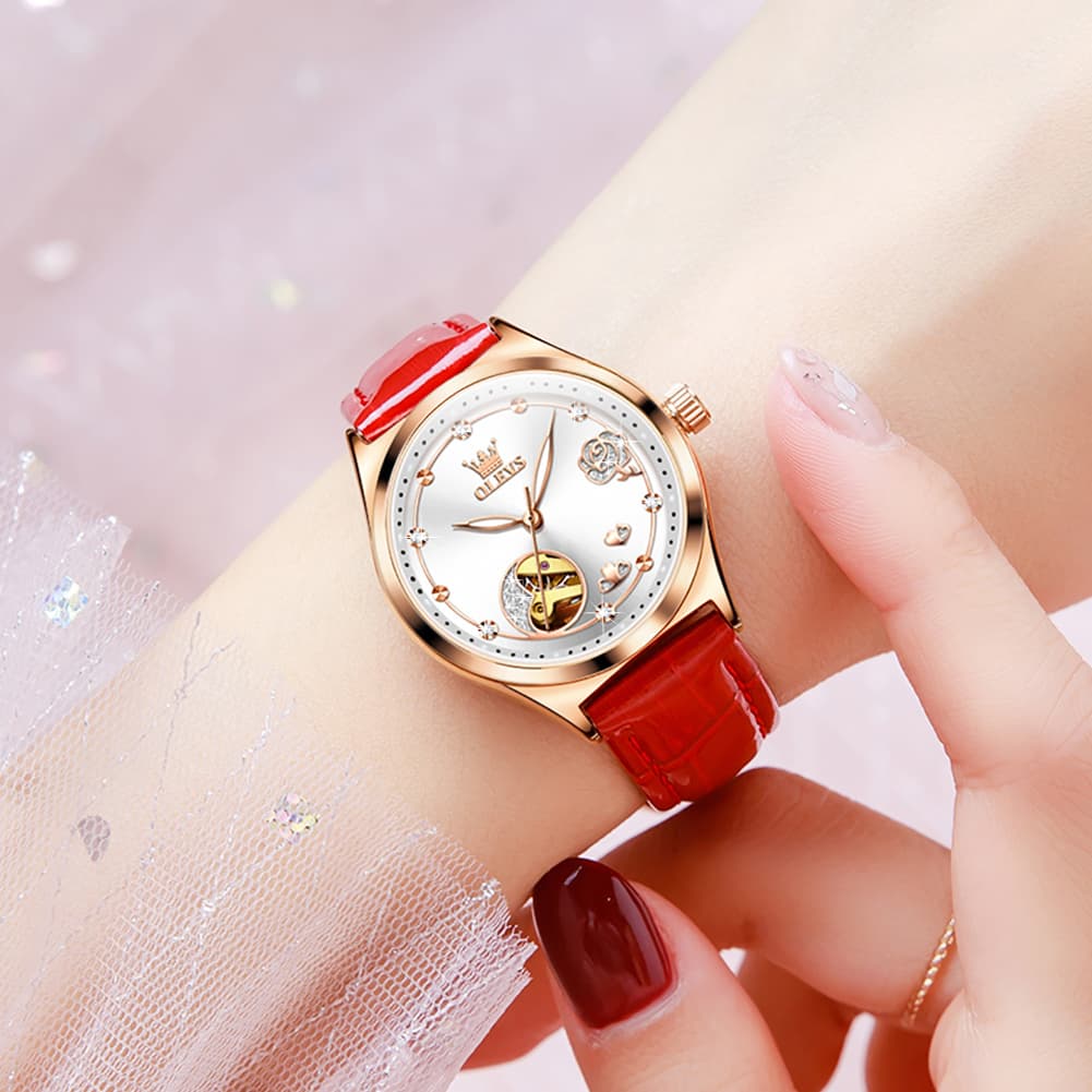 OLEVS 6601 Romantic Open Heart Mechanical Ladies Watch - Burgundy Red Watch | Olevs Watch Store