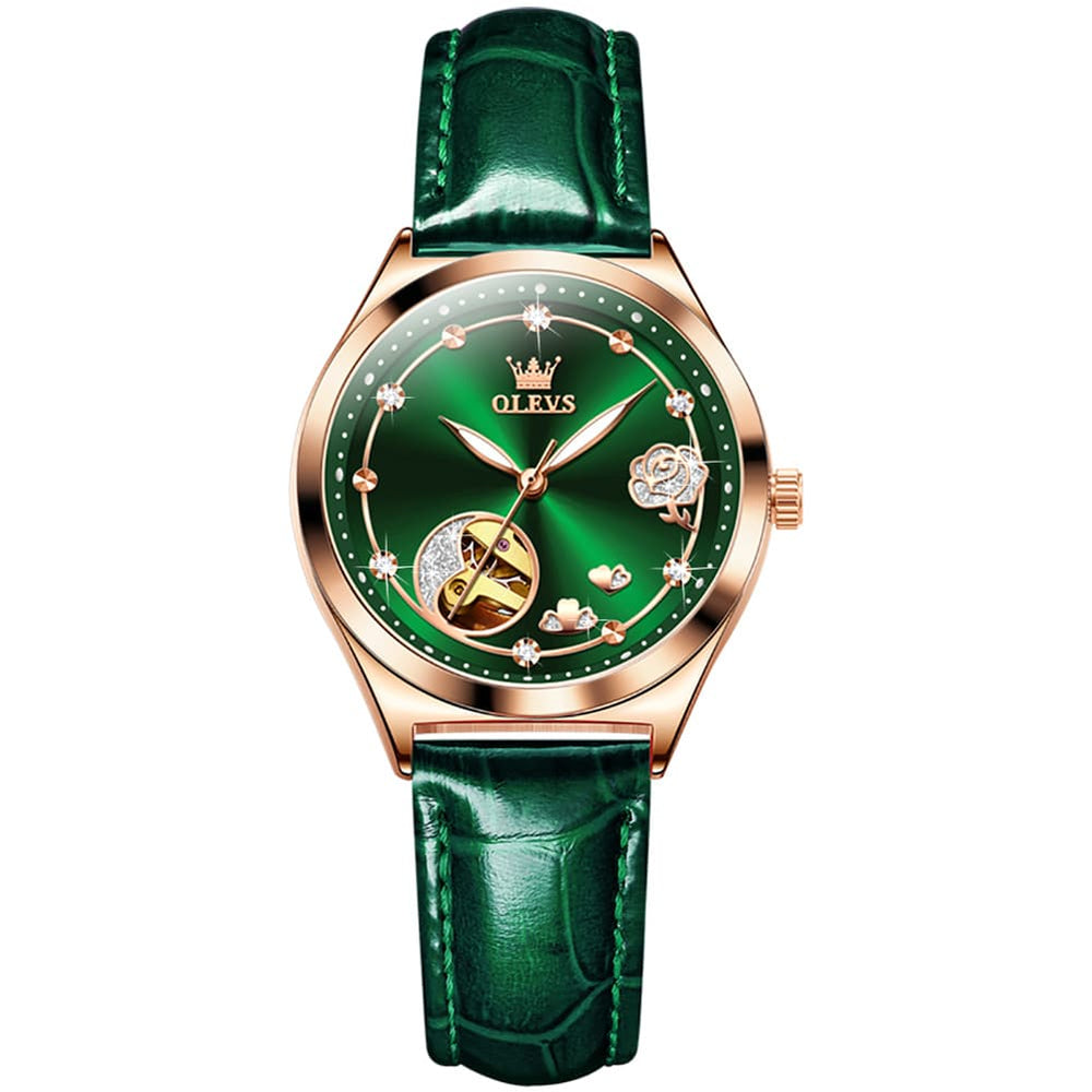 OLEVS 6601 Romantic Open Heart Mechanical Ladies Watch - Emerald Green Watch | Olevs Watch Store