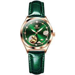 OLEVS 6601 Romantic Open Heart Mechanical Ladies Watch - Emerald Green Watch | Olevs Watch Store