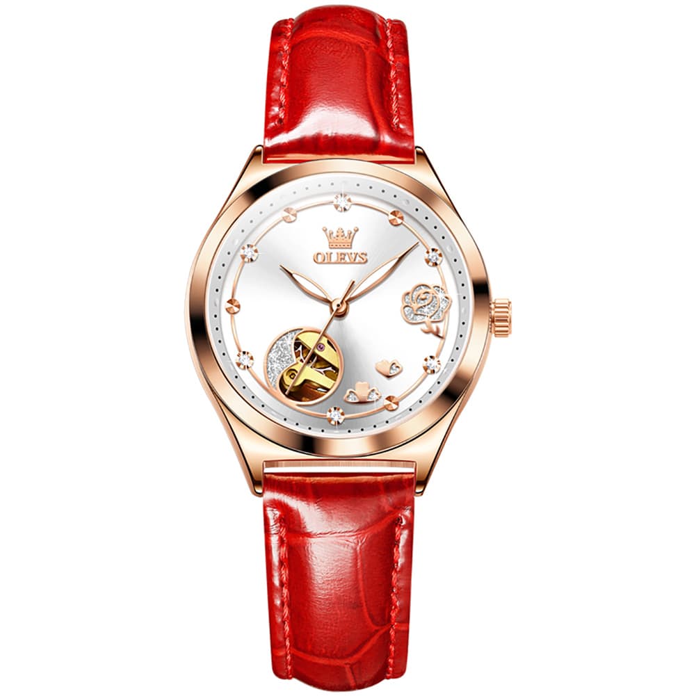 OLEVS 6601 Romantic Open Heart Mechanical Ladies Watch - Rose White Watch | Olevs Watch Store