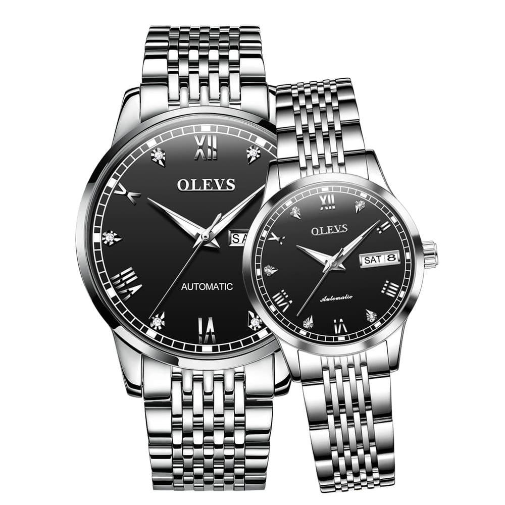 OLEVS 6602 Automatic Mechanical Couples Watch for Men Women - Silver Black Watch | Olevs Watch Store