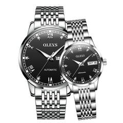 OLEVS 6602 Automatic Mechanical Couples Watch for Men Women - Silver Black Watch | Olevs Watch Store