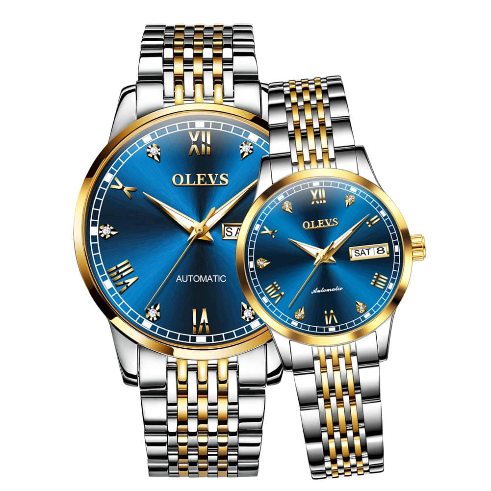 OLEVS 6602 Automatic Mechanical Couples Watch for Men Women - Two Tone Blue Watch | Olevs Watch Store
