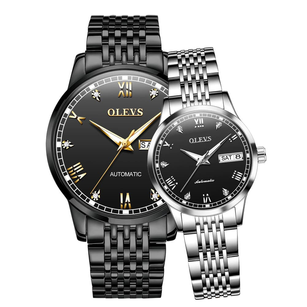 OLEVS 6602 Automatic Mechanical Couples Watch for Men Women - All Black Silver Watch | Olevs Watch Store