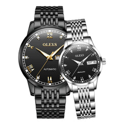 OLEVS 6602 Automatic Mechanical Couples Watch for Men Women - All Black Silver Watch | Olevs Watch Store
