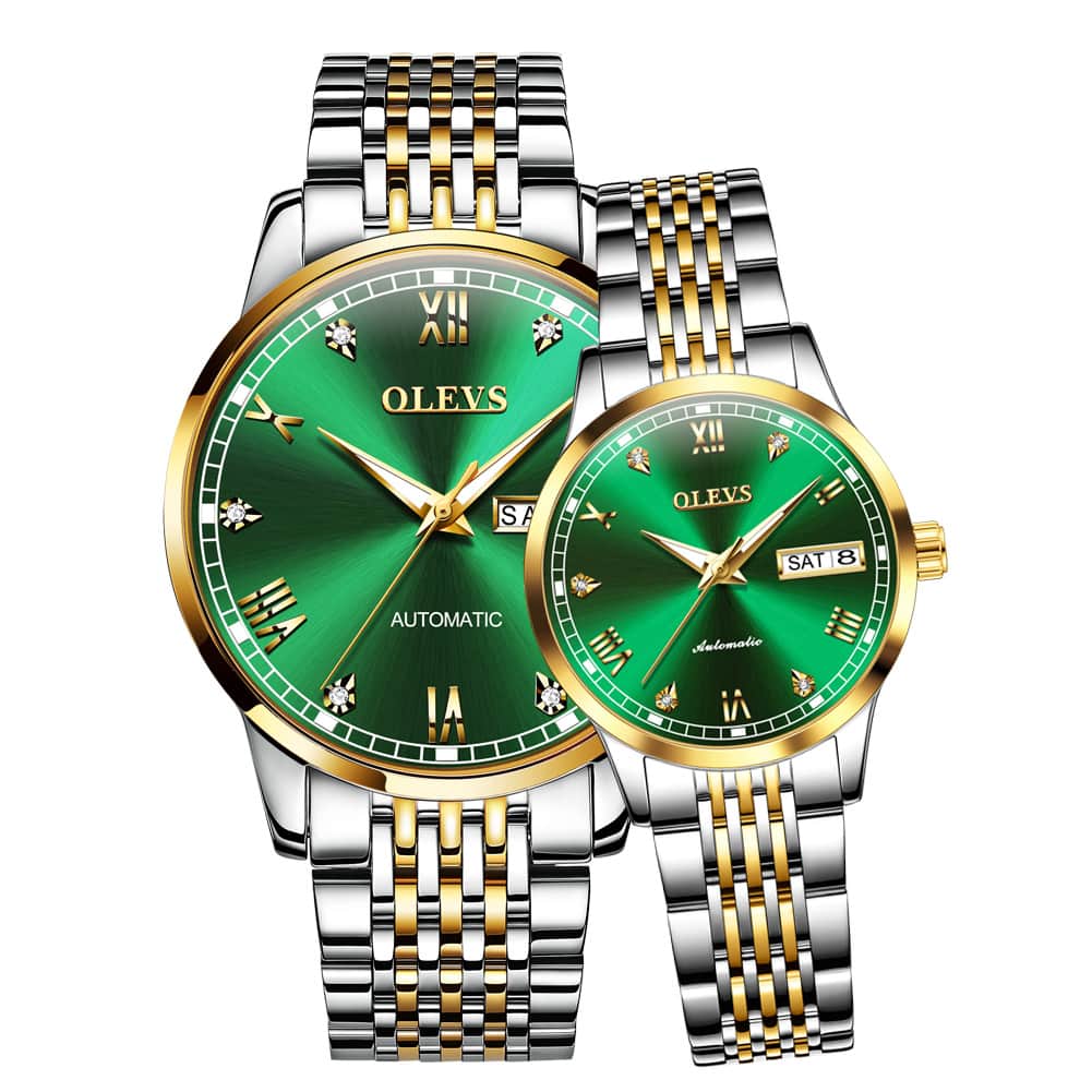 OLEVS 6602 Automatic Mechanical Couples Watch for Men Women - Two Tone Green Watch | Olevs Watch Store