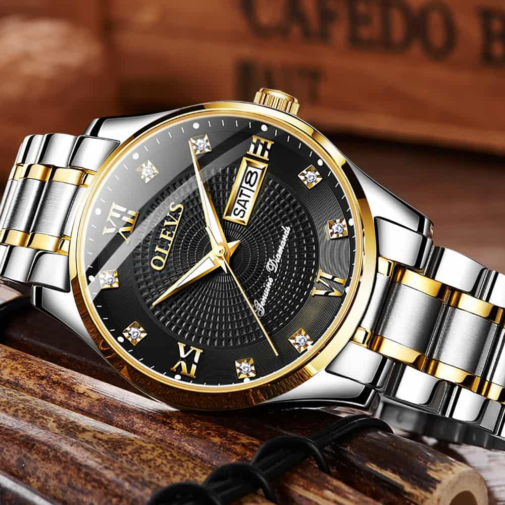 OLEVS 6603 Classic Automatic Mechanical Diamond Watch for Men - Two-Tone Black Watch | Olevs Watch Store