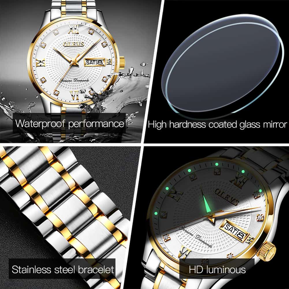 OLEVS 6603 Classic Automatic Mechanical Diamond Watch for Men - Two-Tone Black Watch | Olevs Watch Store