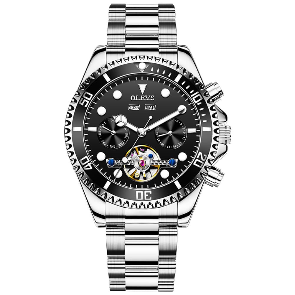 OLEVS 6605 Classic Open Heart Automatic Dive Style Watch for Men - Silver Black Watch | Olevs Watch Store