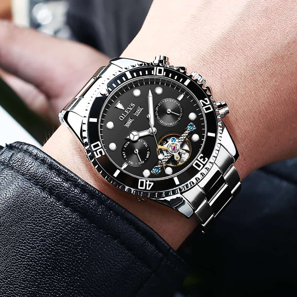 OLEVS 6605 Classic Open Heart Automatic Dive Style Watch for Men - Silver Black Watch | Olevs Watch Store