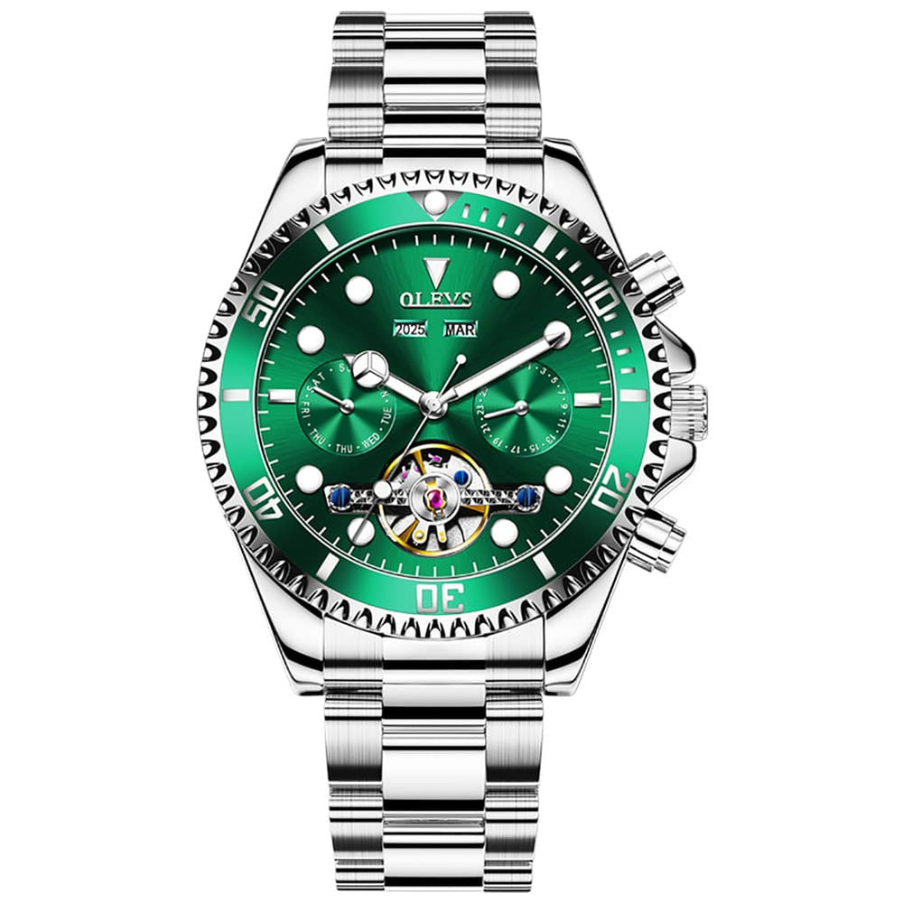 OLEVS 6605 Classic Open Heart Automatic Dive Style Watch for Men - Silver Green Watch | Olevs Watch Store