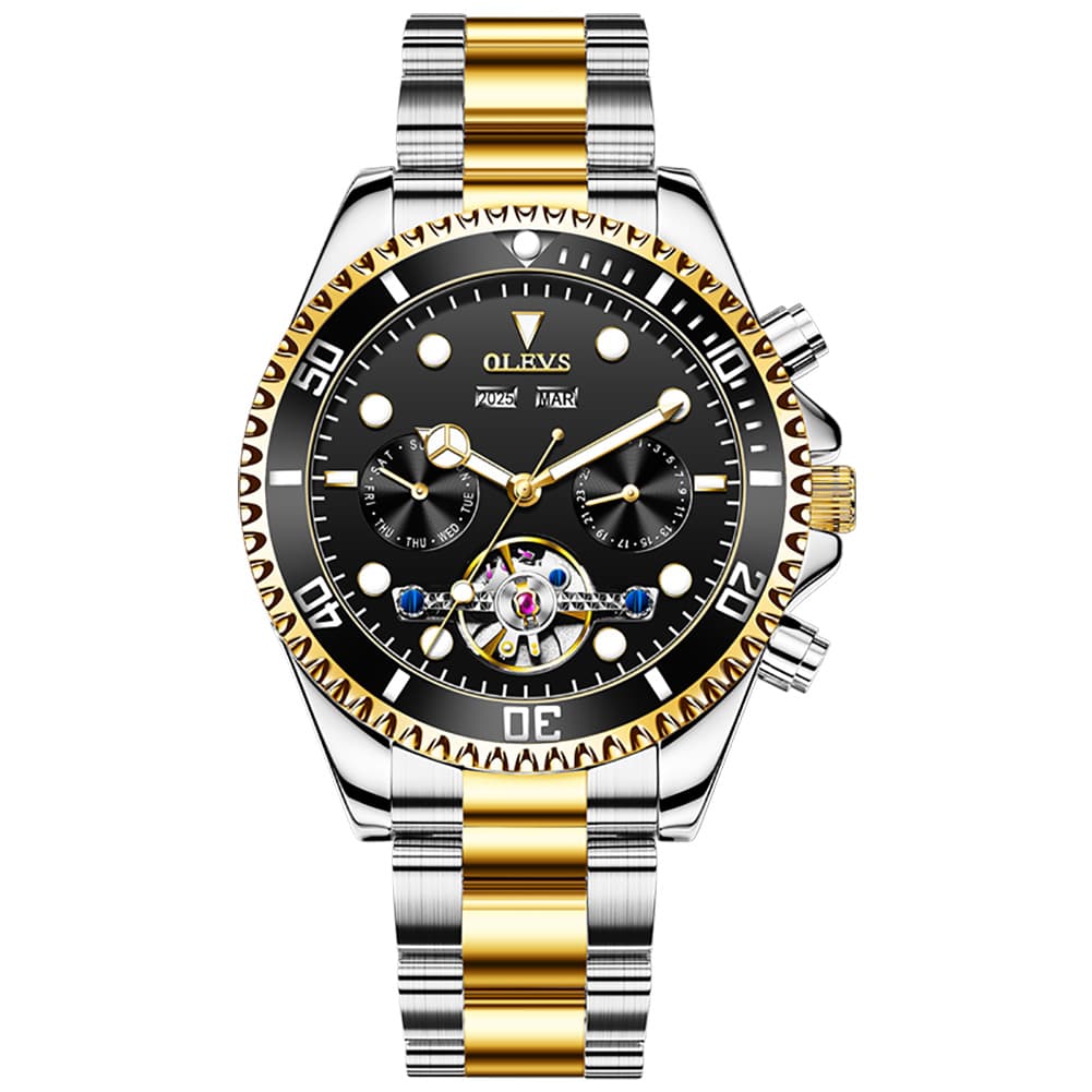 OLEVS 6605 Classic Open Heart Automatic Dive Style Watch for Men - Two-Tone Black Watch | Olevs Watch Store