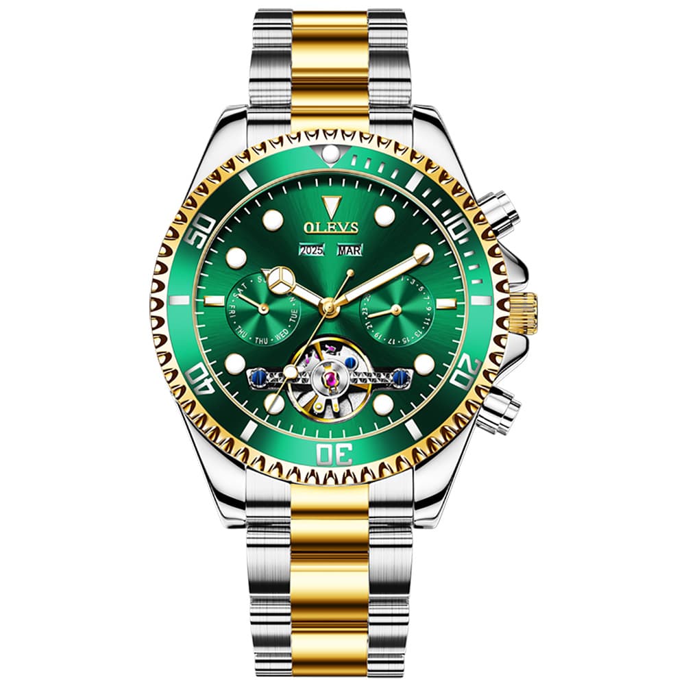 OLEVS 6605 Classic Open Heart Automatic Dive Style Watch for Men - Two-Tone Green Watch | Olevs Watch Store