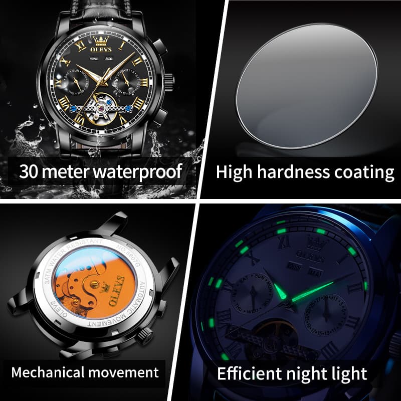 OLEVS 6607 Automatic Mechanical Tourbillon Design Watch for Men - Black Gold Watch | Olevs Watch Store