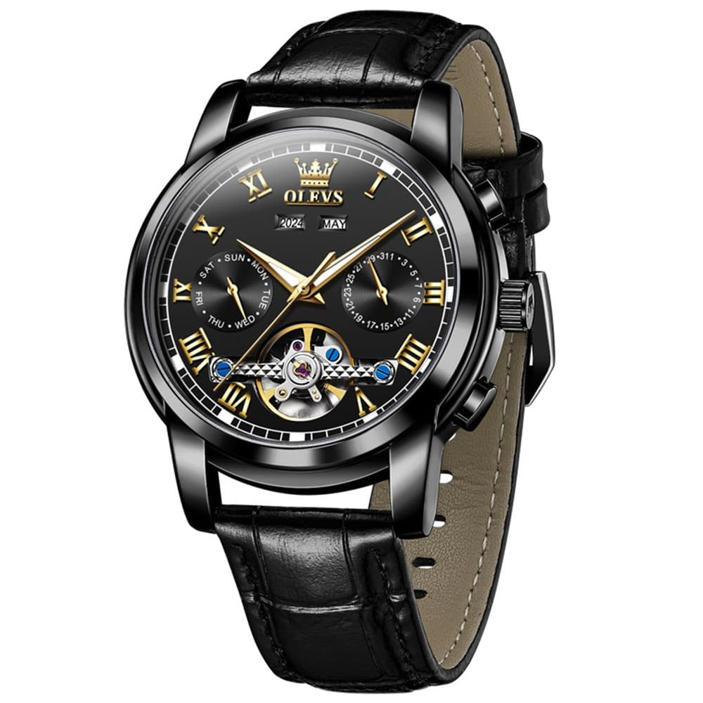 OLEVS 6607 Automatic Mechanical Tourbillon Design Watch for Men - Black Gold Watch | Olevs Watch Store