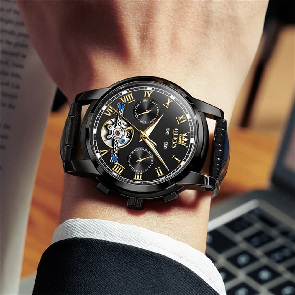 OLEVS 6607 Automatic Mechanical Tourbillon Design Watch for Men - Black Gold Watch | Olevs Watch Store