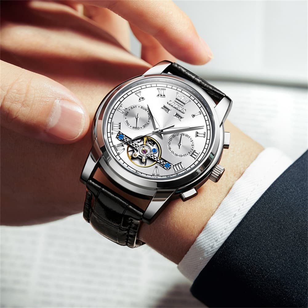 OLEVS 6607 Automatic Mechanical Tourbillon Design Watch for Men - Black Gold Watch | Olevs Watch Store
