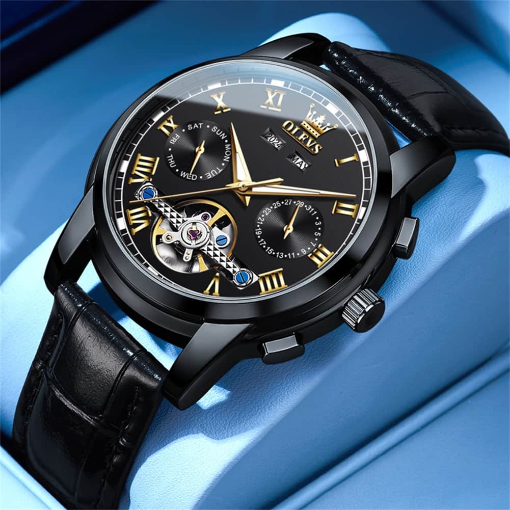 OLEVS 6607 Automatic Mechanical Tourbillon Design Watch for Men - Black Gold Watch | Olevs Watch Store
