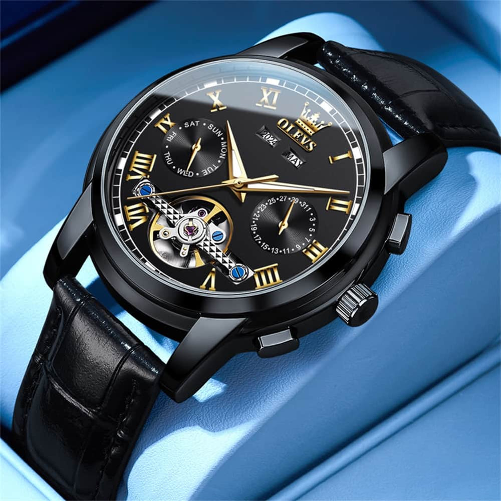 OLEVS 6607 Automatic Mechanical Tourbillon Design Watch for Men - Black Gold Watch | Olevs Watch Store