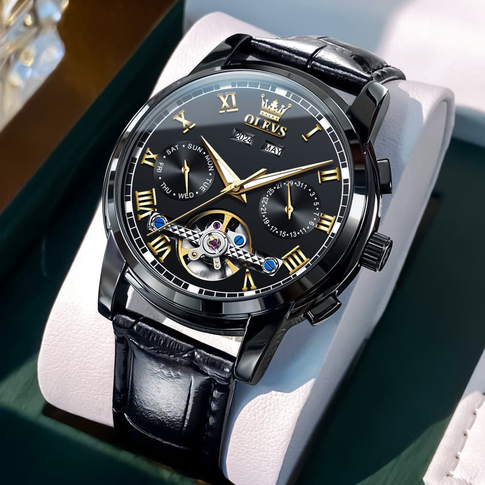 OLEVS 6607 Automatic Mechanical Tourbillon Design Watch for Men - Black Gold Watch | Olevs Watch Store