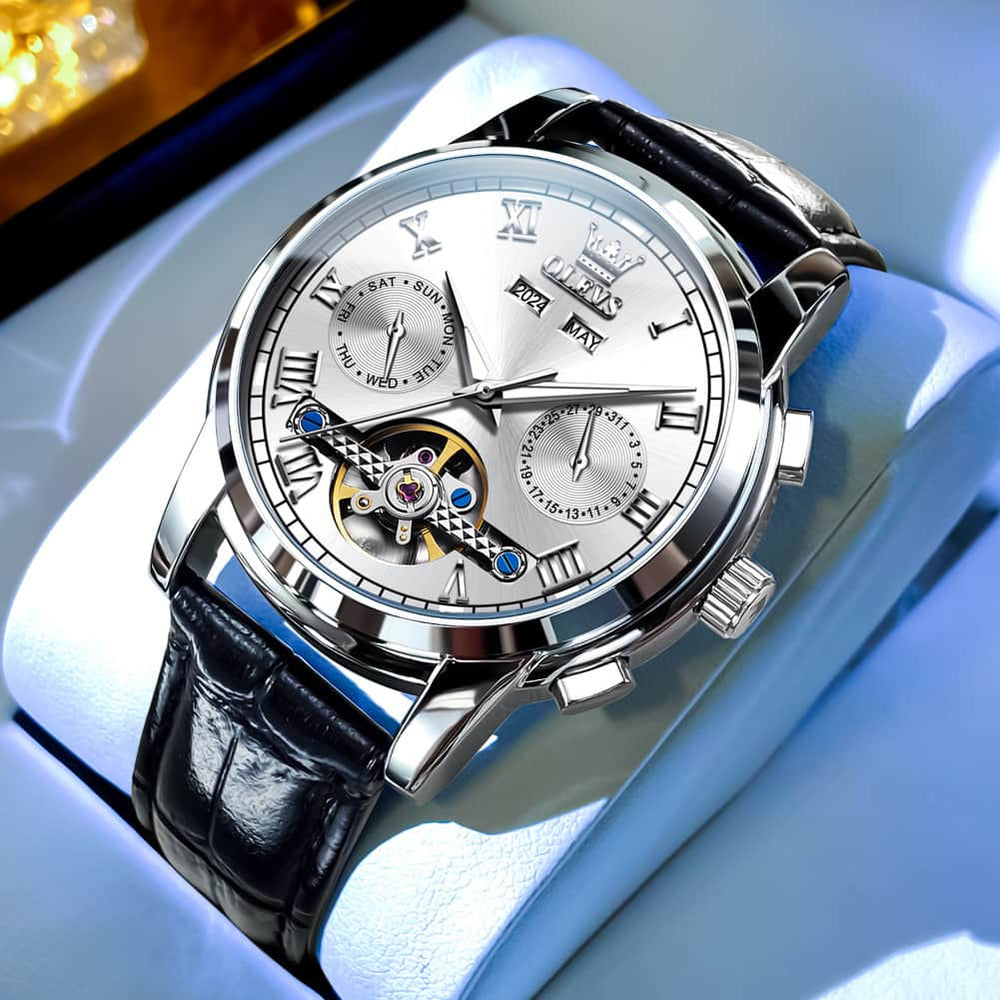 OLEVS 6607 Automatic Mechanical Tourbillon Design Watch for Men - Black Gold Watch | Olevs Watch Store