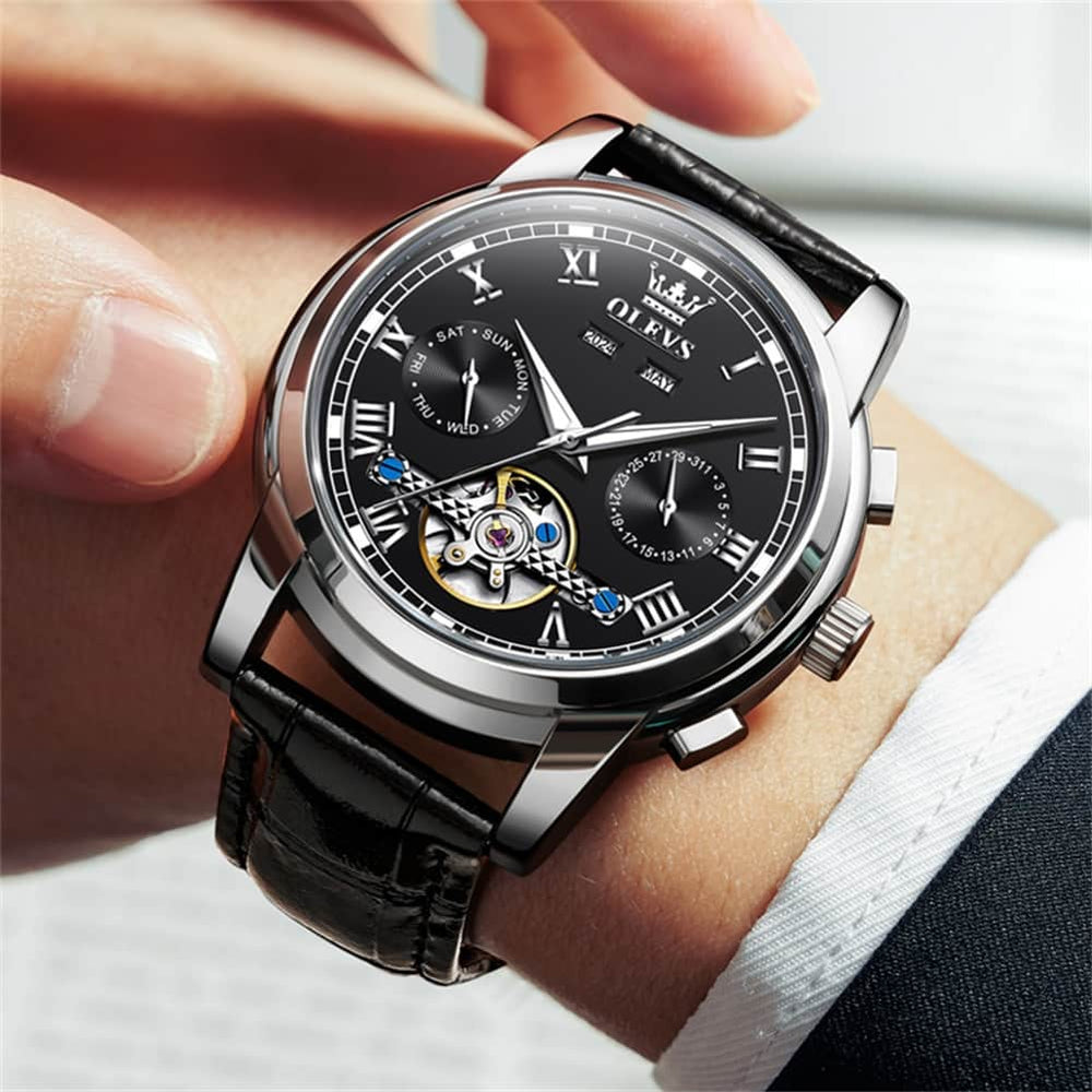 OLEVS 6607 Automatic Mechanical Tourbillon Design Watch for Men - Black Gold Watch | Olevs Watch Store