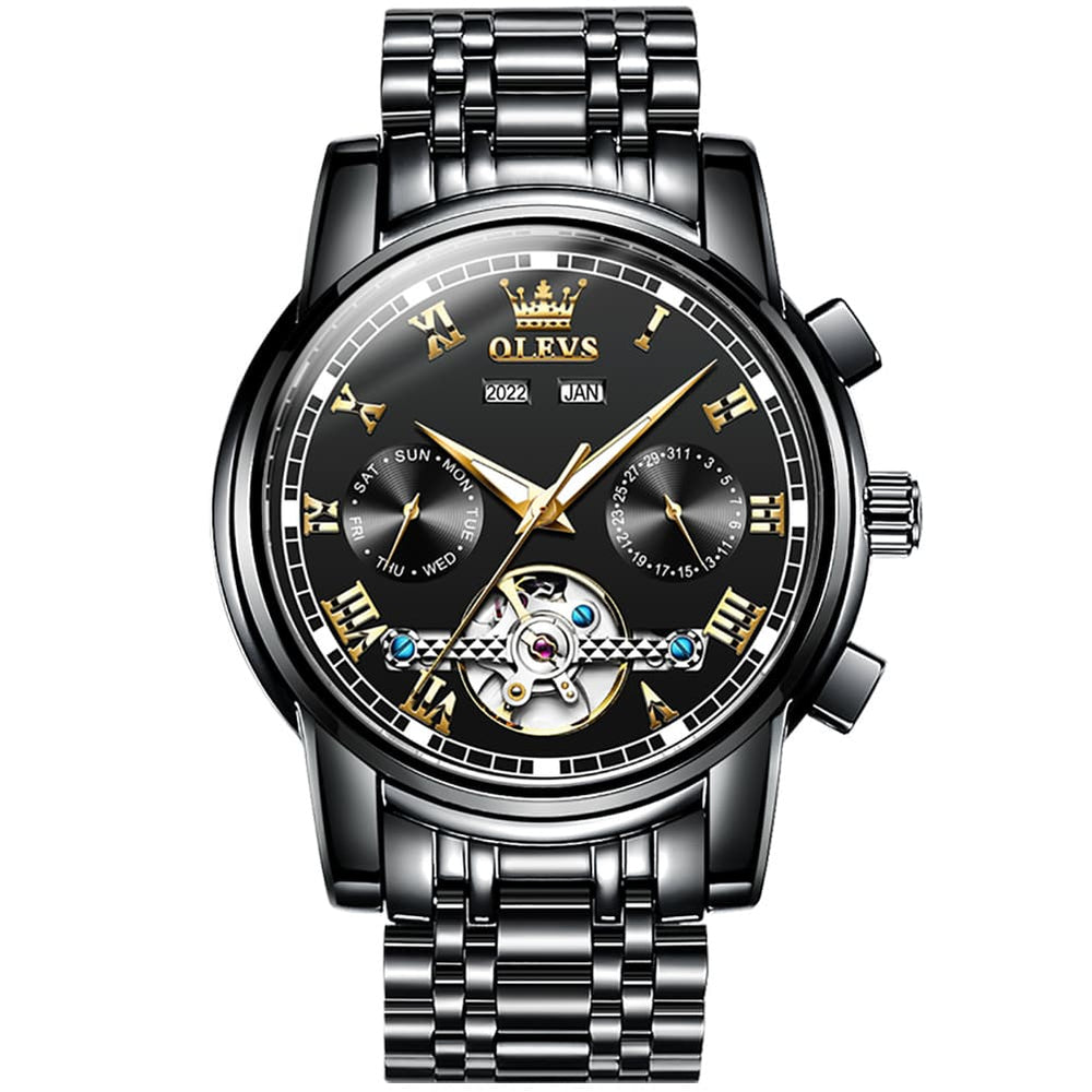 OLEVS 6607 Classic Open Heart Automatic Mechanical Watch for Men - All Black Watch | Olevs Watch Store